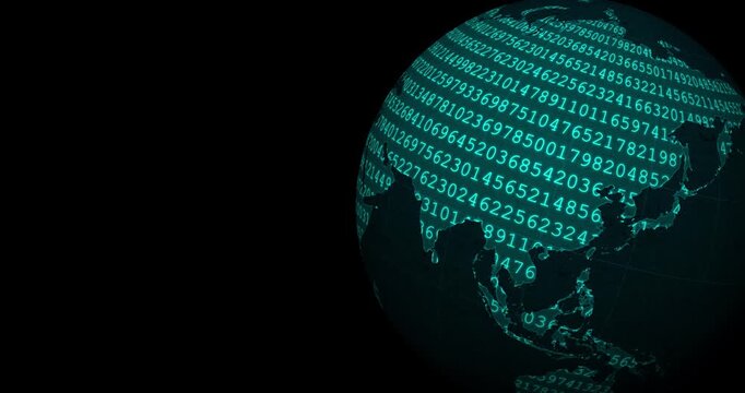 A neon blue globe earth spinning with a blinking number code codification at the right side of the screen and a black background