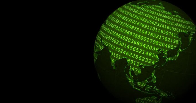 A neon green globe earth spinning with a blinking number code codification at the right side of the screen and a black background
