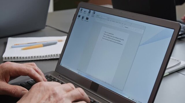 Close up shot of unrecognizable senior man typing on laptop keyboard inputting text into digital document while attending computer literacy course for adults, copy space