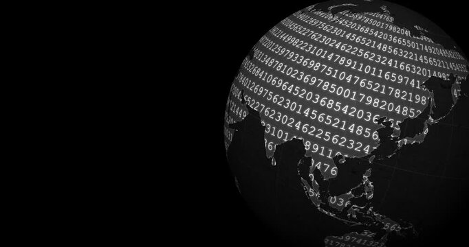 A grey globe earth spinning with a blinking number code codification at the right side of the screen and a black background