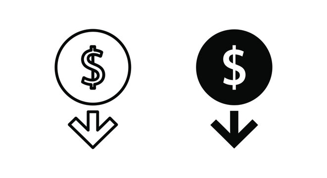 Dollar sign icon with downward arrow for financial decrease or cost reduction vector graphic