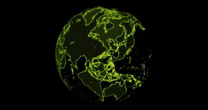 Beautiful neon green globe earth with continents spinning with a black background in a technology concept