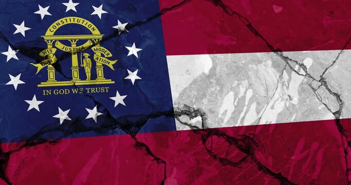 A panning video of a cracked wall with The georgia state flag of the United States of America
