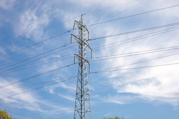 Obraz premium low angle view of a tall steel lattice electric power transmission pylon with ceramic insulators and multiple high voltage cables stretching across a partly cloudy blue sky