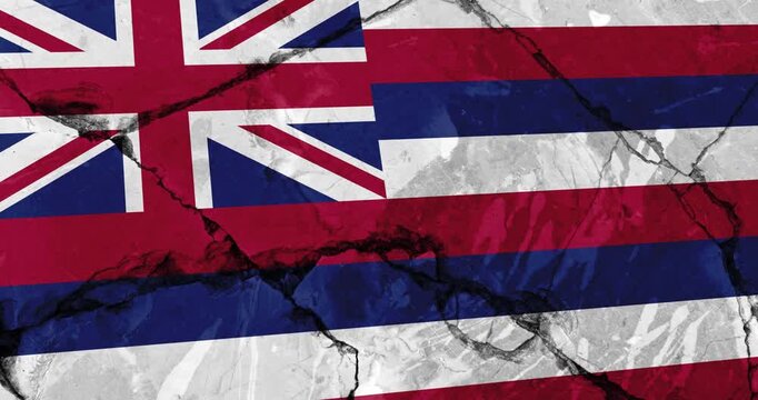 A panning video of a cracked wall with The hawaii state flag of the United States of America
