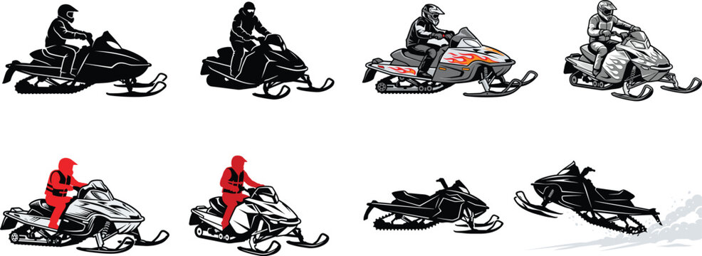 Snowmobile silhouettes and illustration set with riders, winter vehicles and dynamic snow action scenes for outdoor sport and adventure design projects
