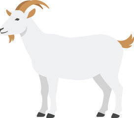 Fototapeta premium A simple cartoon illustration of a white goat with brown horns and beard standing sideways on a plain background.