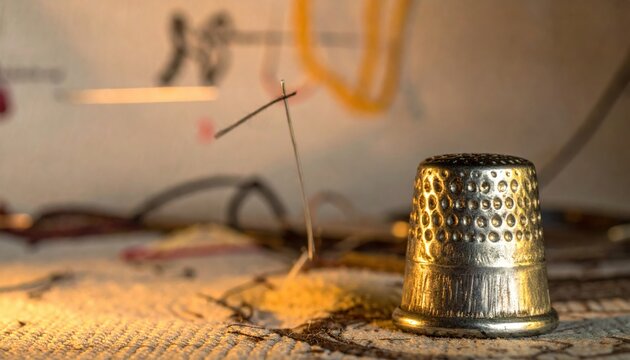 A tarnished silver thimble with a sewing needle on textured fabric representing traditional craftsmanship and the timeless art of handmade mending in a cozy workshop setting.