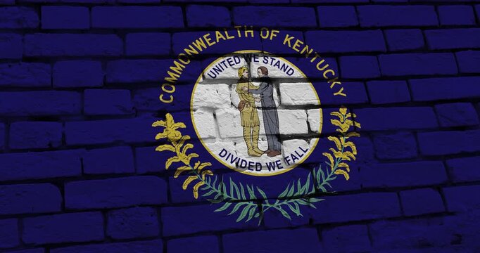 A panning video of a brick wall with the kentucky state flag of the United States of America