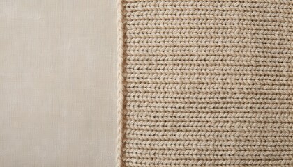 Fototapeta premium Flat Lay Knitted Stockinette Fabric Texture Warm Oatmeal Wool on Linen Surface with Copy Space
