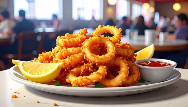 Golden crispy fried calamari rings piled high on a white ceramic plate with lemon wedges and dipping sauce served in a bright restaurant setting.