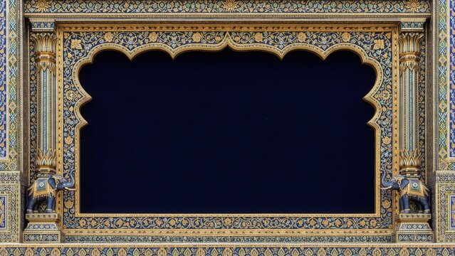 Ornate Indian Archway Frame with Blue and Gold Floral Pattern isolated on Transparent Background