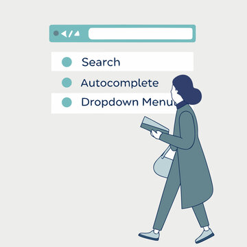 Woman walking with tablet and search bar with dropdown menu
