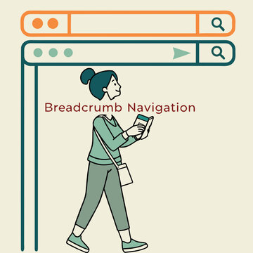 Woman walking with phone in front of browser window with breadcrumb navigation
