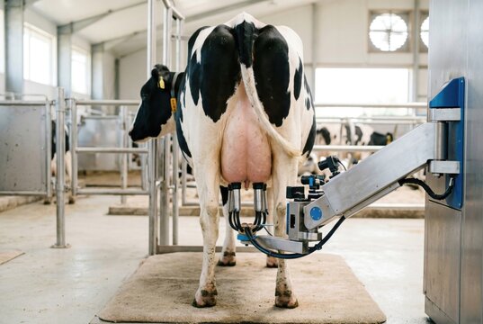 Advanced dairy farm technology showing automated milking robot in operation