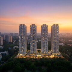 Fototapeta premium Aerial view of modern 4 residential towers at sunset