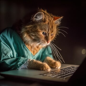 Cat Surgeon in Scrubs Typing on Laptop Under Dramatic Spotlight