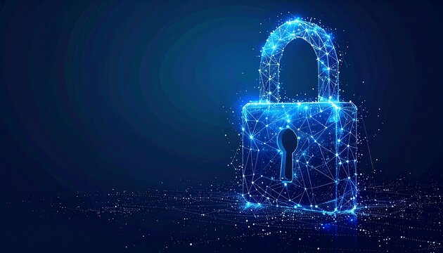 Glowing digital padlock made of connected network nodes
