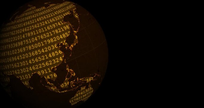 A neon orange globe earth spinning with a blinking number code codification at the left side of the screen and a black background
