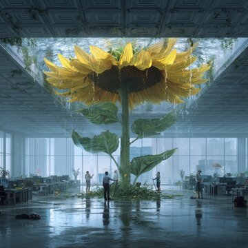 Giant sunflower emerging through office building roof with businesspeople watering from windows, symbolizing growth and innovation