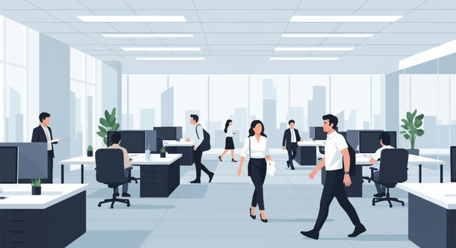 Vector illustration of a modern open-plan office interior with business professionals working at desks with computers, people walking, potted plants, and large windows with a city skyline.