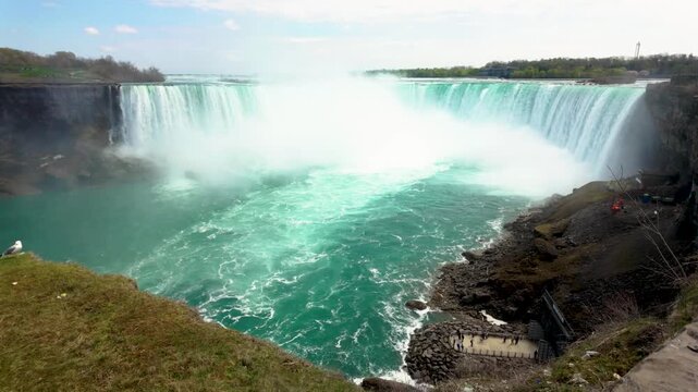 Niagara Falls waterfall cascading over rocky cliff edge with powerful flowing water motion
