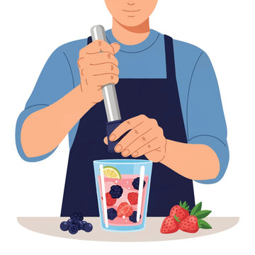 Flat vector illustration of a bartender in an apron using a muddler to crush fresh strawberries, blackberries, and lime in a tall glass to prepare a mixed berry fruit cocktail drink.