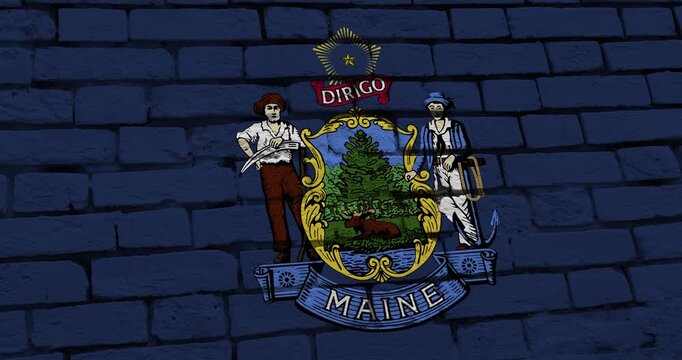 A panning video of a brick wall with the maine state flag of the United States of America