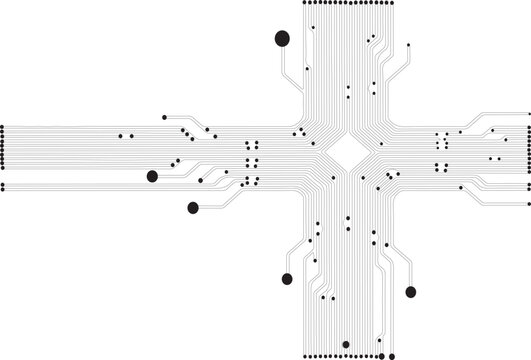 Abstract circuit board pattern with black lines and dots on white background representing digital connectivity and electronic data flow in technology.
