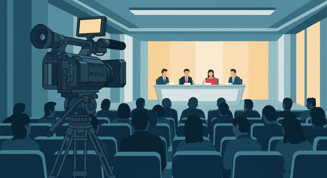 Vector illustration of a professional video camera on a tripod filming a panel of four business speakers at a desk during a live conference or media event with an audience.