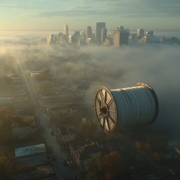 Enormous Measuring Tape Spooling Across Foggy Cityscape in Morning Light