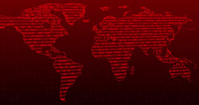 A panning video of a red neon world map with a blinking binary code into the continents