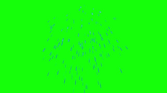 Blue confetti rains down against a vibrant green screen
