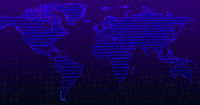 A panning video of a dark blue neon world map with a blinking binary code into the continents