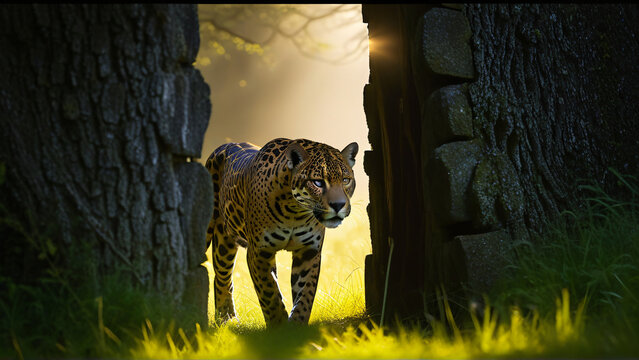 A diurnal jaguar peering around a corner in a glowing meadow