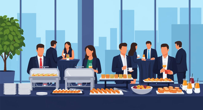 Vector illustration of business professionals in formal suits at a corporate networking event with a buffet spread, chaffing dishes, appetizers, and a panoramic city skyline background.