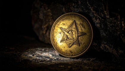 Naklejka premium A tarnished brass military button with a detailed star insignia glinting under a sharp beam of light, capturing the essence of historical service and forgotten artifacts of the past.