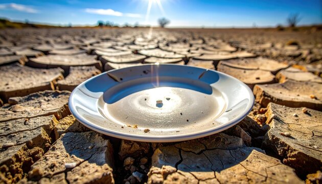A single empty ceramic plate sits abandoned on the parched and cracked earth under a bright sun, symbolizing the severe impact of drought and the global crisis of food scarcity in nature.