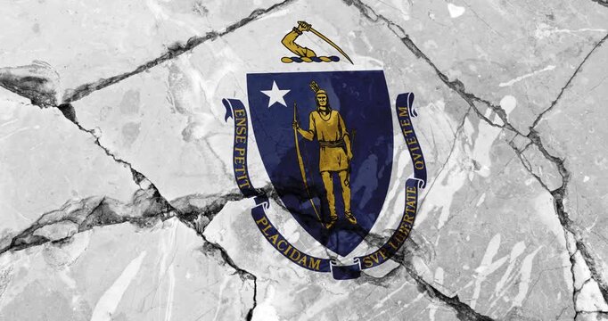 A panning video of a cracked wall with The massachusetts state flag of the United States of America