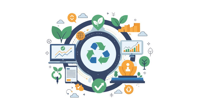 Flat vector illustration of a sustainable business strategy concept featuring a central recycling icon, data analytics charts, green leaves, and global commerce elements.