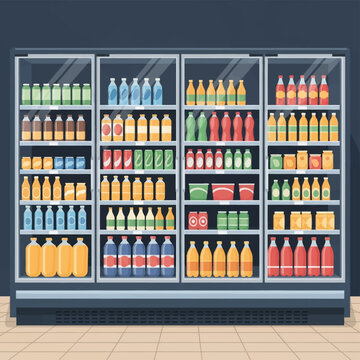 Flat vector illustration of a commercial four-door display refrigerator in a supermarket stocked with various bottled beverages, soda cans, juices, and cold drinks on organized shelves.