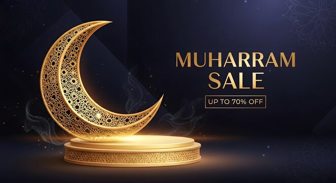 Muharram sale promotion with golden crescent moon on display podium muharram promotion