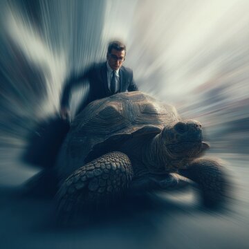 Businessman commuting to office on large tortoise amidst morning rush with dramatic motion blur