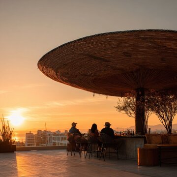 Giant Sombrero Rooftop Terrace Bar at Sunset with Patrons Relaxing Under the Brim