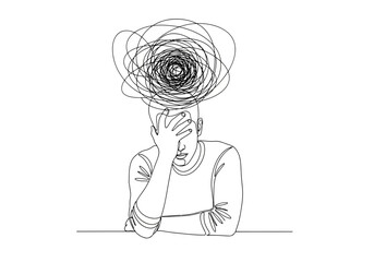 Obraz premium Continuous line drawing of a stressed man with a messy thought cloud