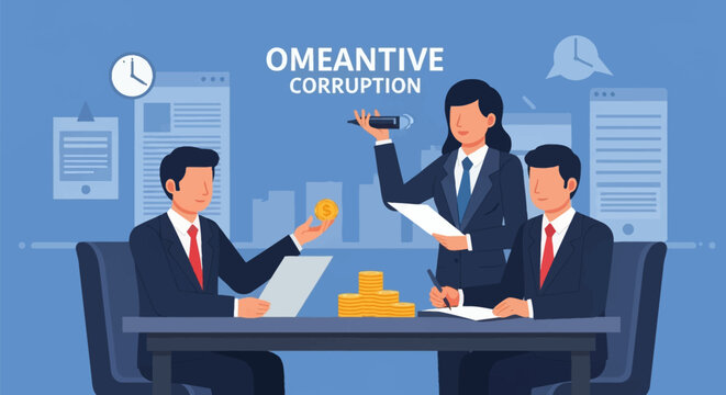 Flat vector illustration of business professionals in suits engaged in an unethical transaction involving gold coins and contracts with the header text reading corruption.