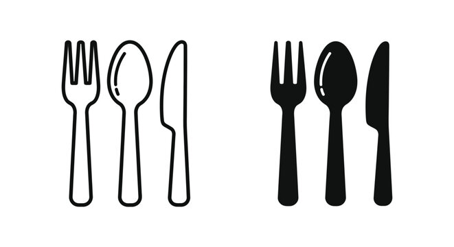 Classic dining cutlery vector illustration featuring a fork spoon and knife in both outline and solid silhouette icons