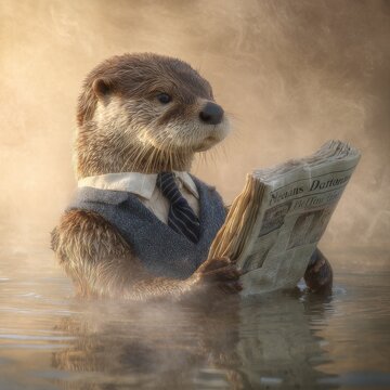 Serious otter wearing tiny tie reading newspaper while floating on misty river in the morning
