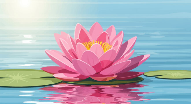 Vector illustration of a pink lotus flower floating on a calm blue water surface with green lily pads, showing detailed petals, yellow center, and pink reflection in the water.