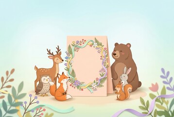 Fototapeta premium Smiling woodland animals gathered around floral decorated card
